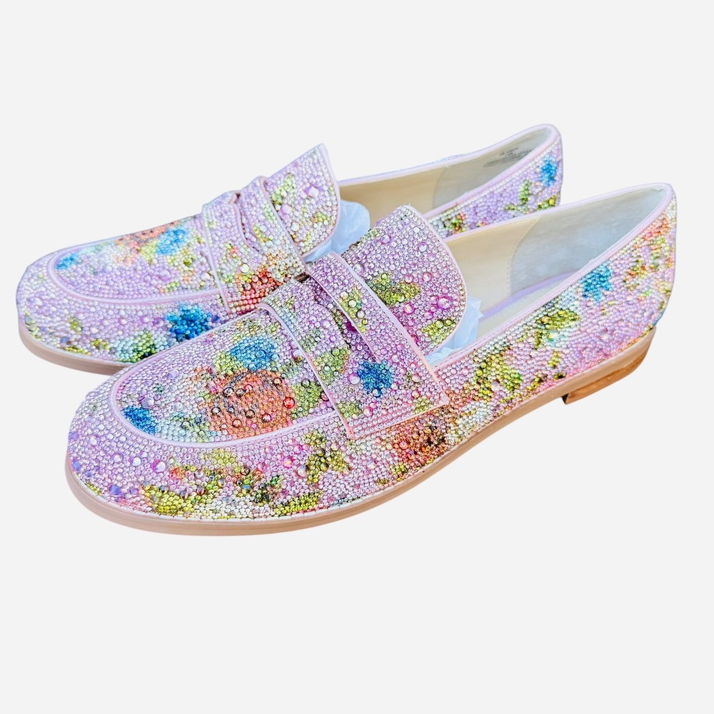 Betsey Johnson SB-ARON Rhinestone Floral Loafers Pink Multicolor Womens 12M NWOB